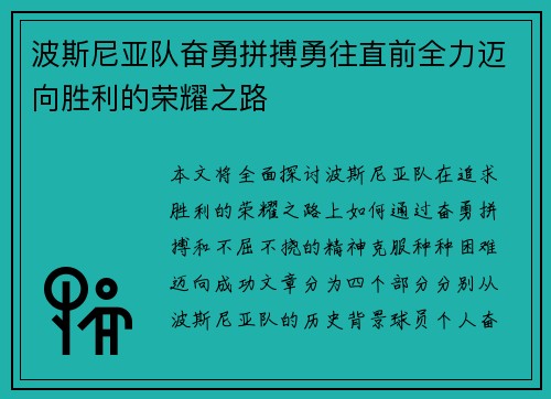波斯尼亚队奋勇拼搏勇往直前全力迈向胜利的荣耀之路