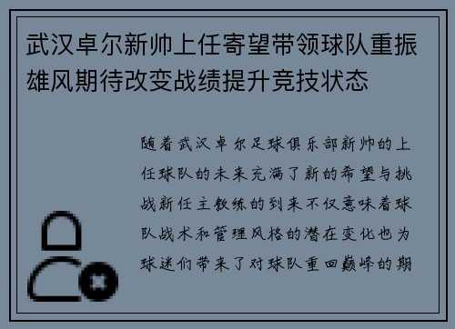 武汉卓尔新帅上任寄望带领球队重振雄风期待改变战绩提升竞技状态