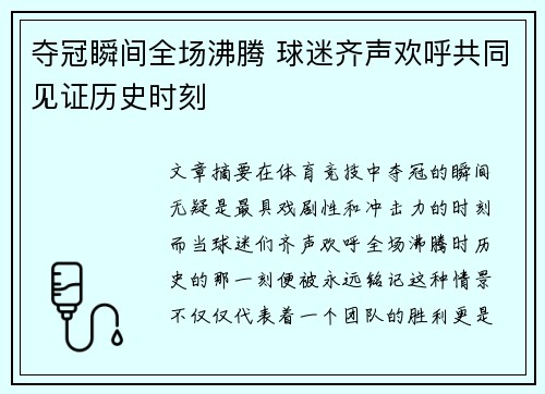 夺冠瞬间全场沸腾 球迷齐声欢呼共同见证历史时刻