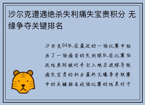 沙尔克遭遇绝杀失利痛失宝贵积分 无缘争夺关键排名